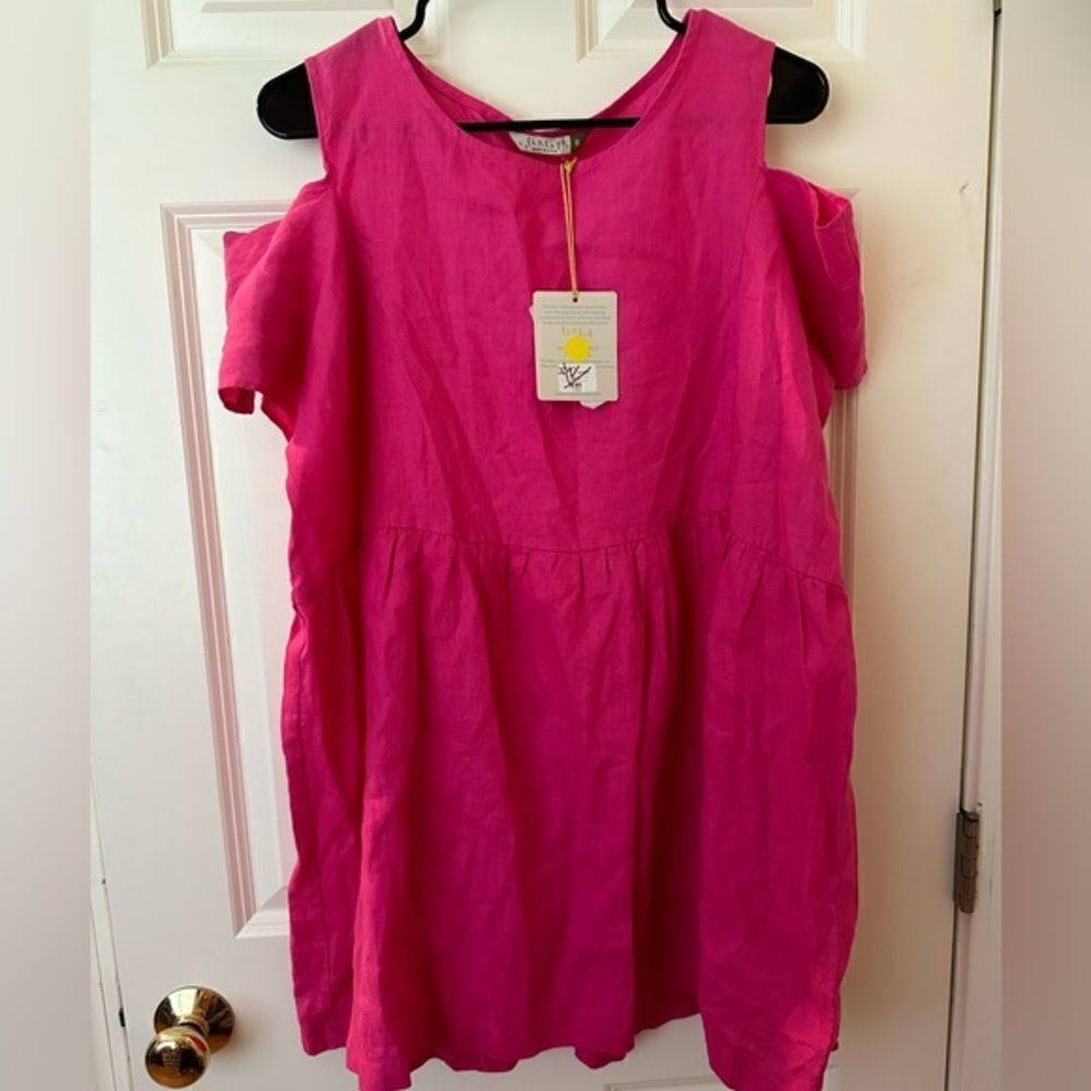 NWT!  100% LINEN Chalet Women's Pink Cold Shoulder tunic Size S Oversized